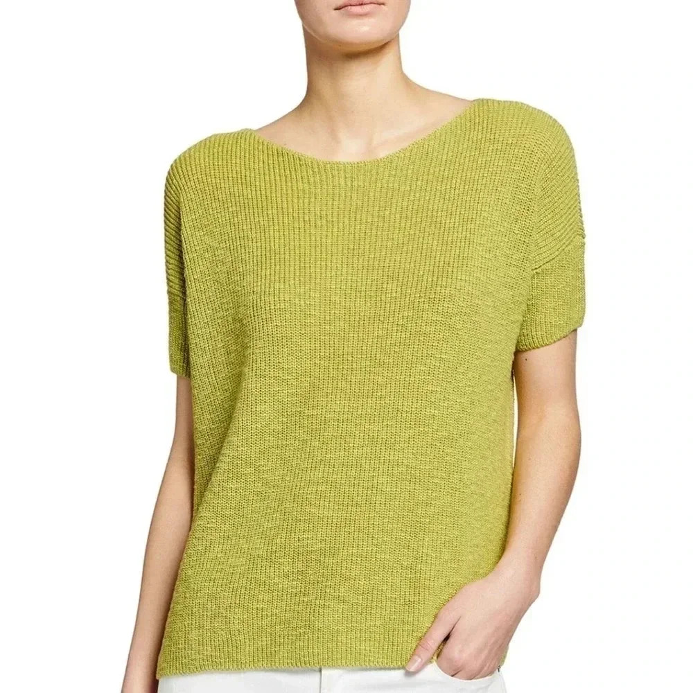 Eileen Fisher Jewel-Neck Organic Cotton-Linen Slub Knit Sweater Size Medium